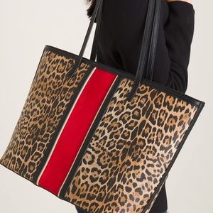 NEW Chico's Large Tote Leopard Print Faux Suede & Leather with Red Stripe NWT